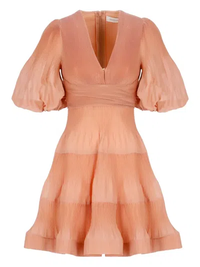 Zimmermann Pleated Balloon-sleeve Mini Dress In Neutral