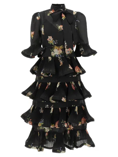 Zimmermann Pleated Flounce With Botanical Print Dress In Black