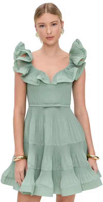 Zimmermann Pleated Frill Mini Dress Eucalyptus In Green