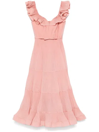 Zimmermann Pleated Frill Midi Dress In Lipstick