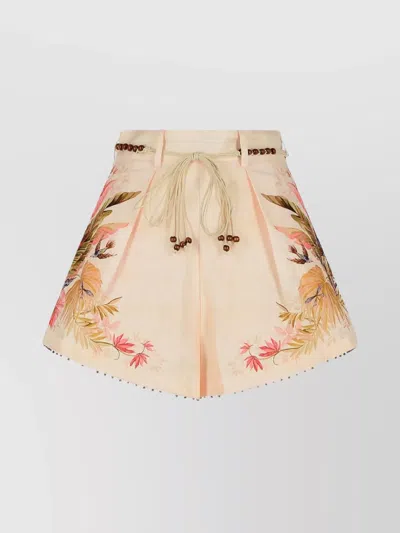 ZIMMERMANN PLEATED LINEN SHORTS FLORAL EMBROIDERY