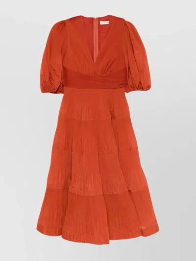 Zimmermann Pleated Midi Dress Deep V-neck In Red