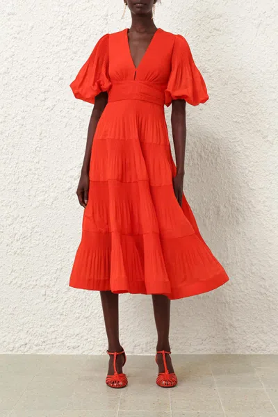 Zimmermann Pleated Midi Dress In Tomato In Red