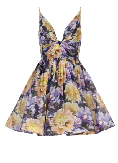 Zimmermann Pleated Mini Dress With V Neckline And Floral Pattern In Multi