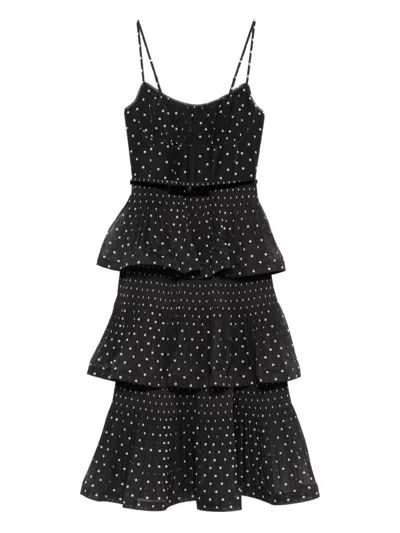 Zimmermann Pleated Tiered Midi Dress In Black Cream Polka Dot
