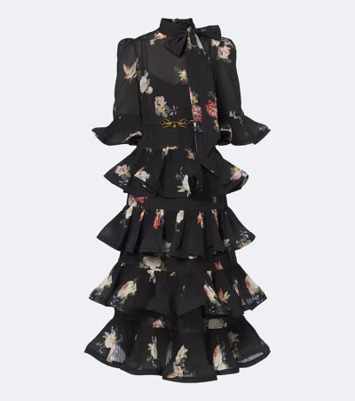 Zimmermann Pleated Ruffled Floral Midi Dress In Black