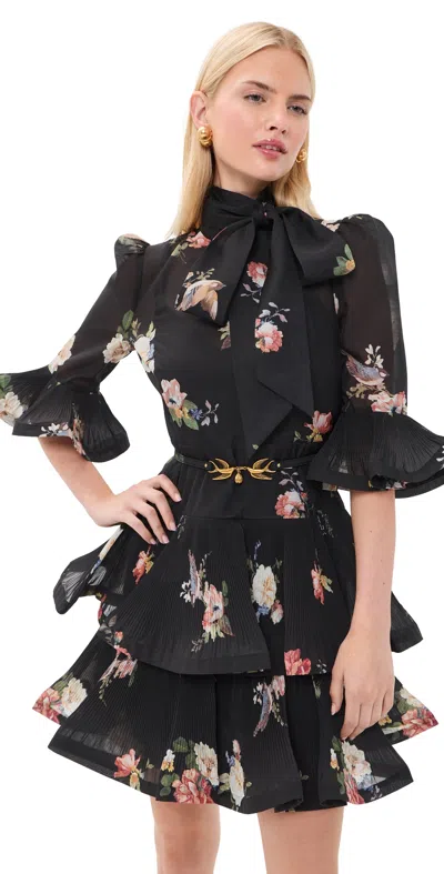 Zimmermann Pleated Sleeved Mini Dress Black Bird Print