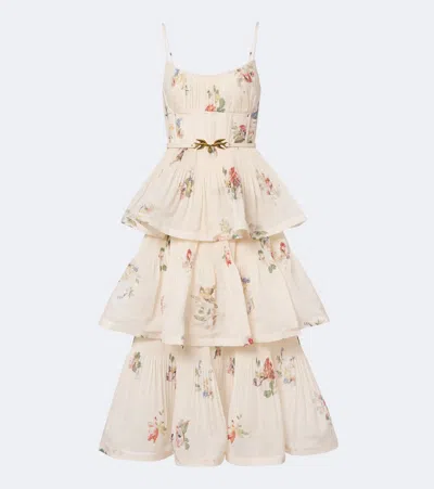 Zimmermann Pleated Tiered Floral Midi Dress In Multi