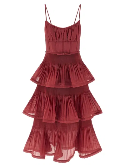 Zimmermann Pleated Tiered Midi Dress In Red