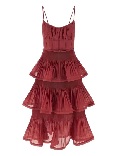 Zimmermann Pleated Tiered Midi Dress In Red