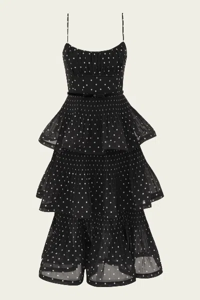 ZIMMERMANN PLEATED TIERED MIDI DRESS IN BLACK CREAM POLKA DOT