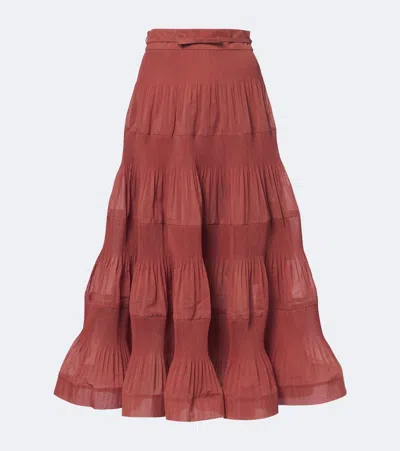 Zimmermann Pleated Tiered Midi Skirt In Pink