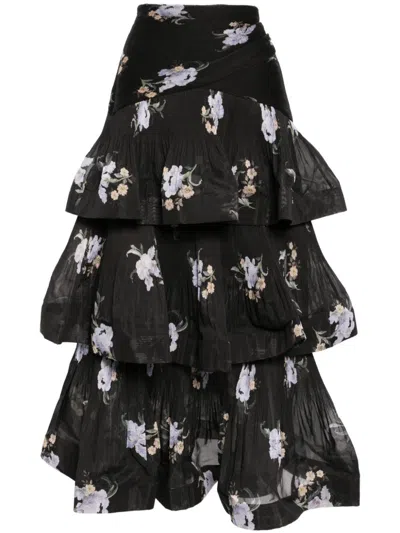 Zimmermann Pleated Tiered Long Skirt In Black/multi