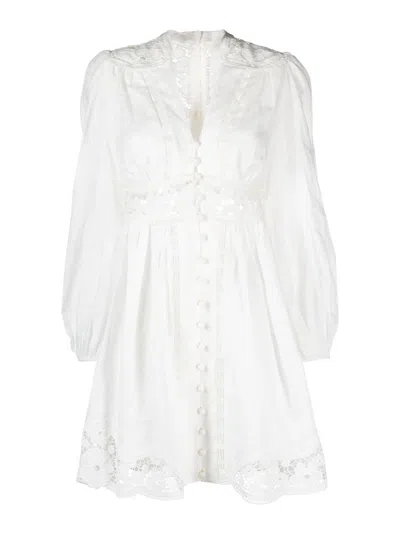 Zimmermann + Net Sustain August Guipure Lace-trimmed Gathered Linen Mini Dress In White