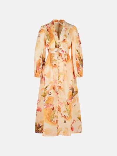 Zimmermann 'plunge' Low-cut Linen Dress In 'cream Palm Floral' Color