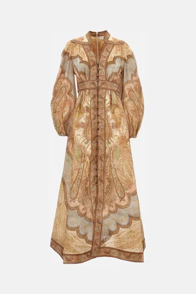 Zimmermann Wanderlust Multicolor Long Dress With V Neck And All-over Paisley Motif In Linen Woman
