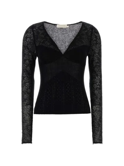 Zimmermann Pointelle-lace V-neck Top In Black