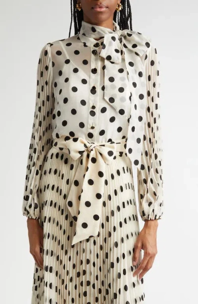 Zimmermann Polka Dot Chiffon Tie Neck Blouse In Cream/black Dot