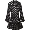 Zimmermann Polka Dot Long Sleeve Pleated Minidress With Removable Pussy Bow In Black/cream Dot