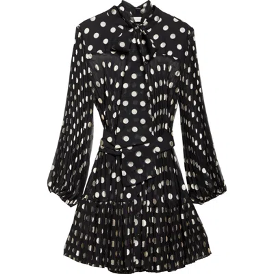 Zimmermann Polka Dot Long Sleeve Pleated Minidress With Removable Pussy Bow In Black/cream Dot