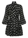 Zimmermann Polka Dot Long Sleeve Pleated Minidress With Removable Pussy Bow In Black