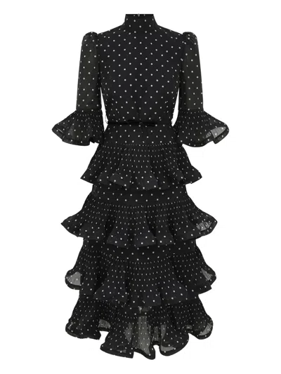 Zimmermann Polka-dot Tiered Ruffle Midi Dress In Black