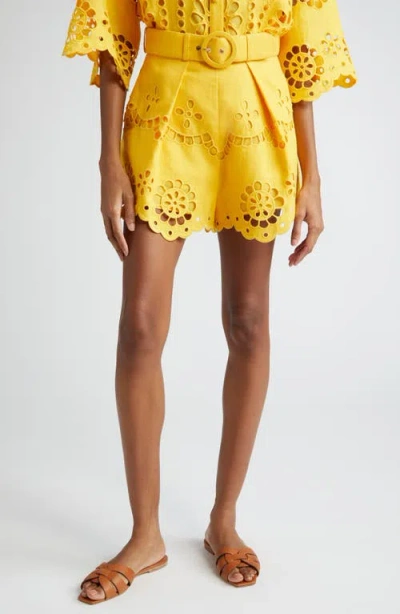 Zimmermann Pop Broderie Anglaise Linen Shorts In Yellow