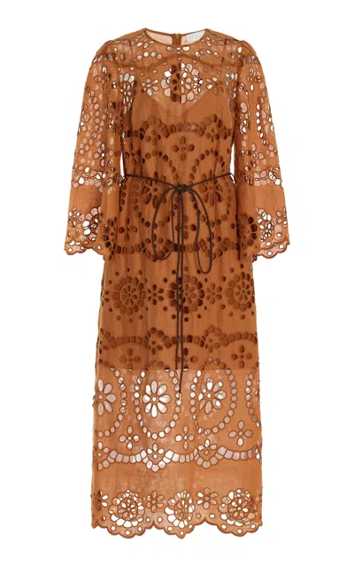 Zimmermann Pop Embroidered Linen Midi Dress In Brown