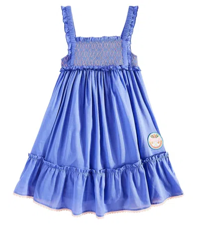 Zimmermann Kids' Pop Embroidered Shirred Cotton Dress In Blue