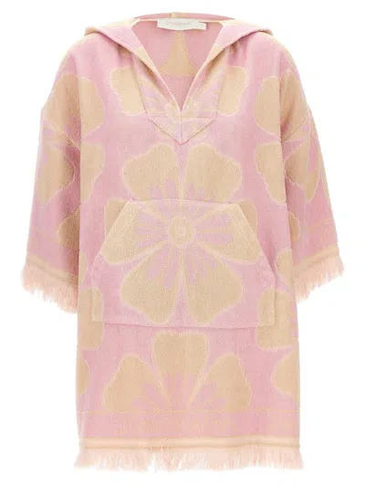 Zimmermann Pop Hooded Frayed Cotton-terry Floral-jacquard Mini Dress In Pink