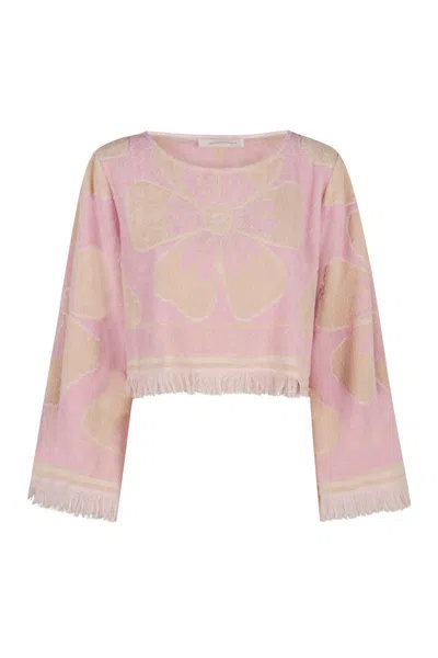 Zimmermann Pop Long Sleeve Crop Top In Pink