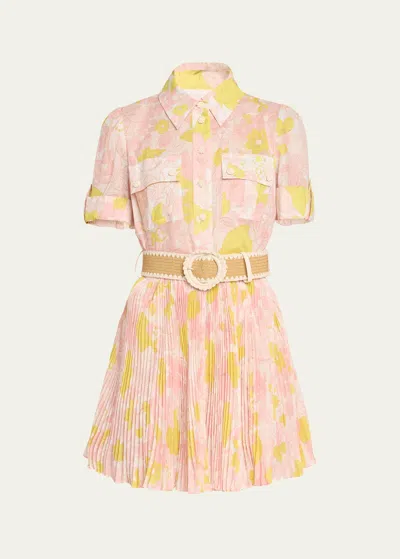 Zimmermann Pop Pleated Mini Dress In Pink/yellow Flora