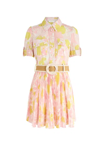 Zimmermann Pop Printed Pleated Mini Shirt Dress In Multi Floral