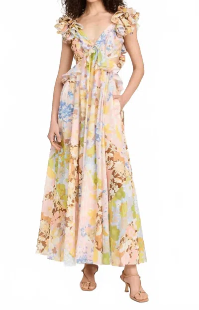 Zimmermann Pop Ruffle Sleeve Midi Dress In Patch Floral