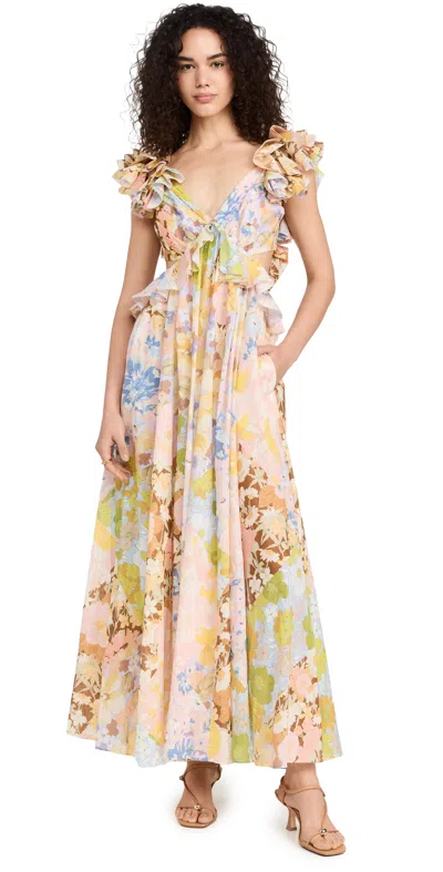 Zimmermann Pop Ruffle Sleeve Midi Dress Patch Floral In Multi
