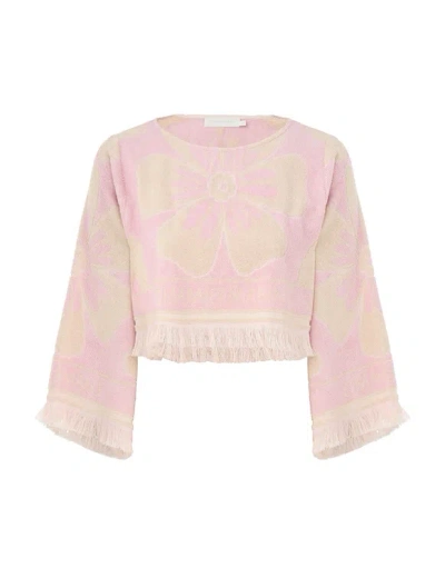 ZIMMERMANN POP TOWELLING CROP TOP PINK CREAM
