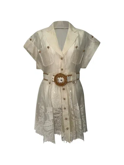 Pre-owned Zimmermann Postcard Belted Broderie Dress In Neutral