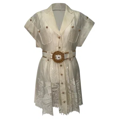 Zimmermann Postcard Belted Broderie Mini Dress In White Linen In Neutral