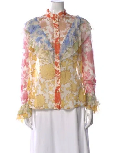 Pre-owned Zimmermann Postcard Ruffle Blouse Floral Print Blouse W/ Tags In Neutral
