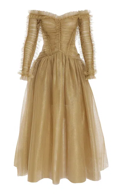 Zimmermann Prima Off-the-shoulder Midi Dress In Gold