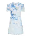 Zimmermann Crush Belted Crystal-embellished Scalloped Floral-print Linen Mini Dress In Blue