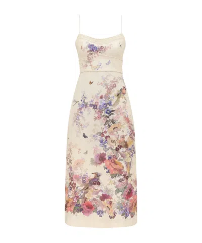 Zimmermann Floral-print Pleated-neckline Dress In Neutral