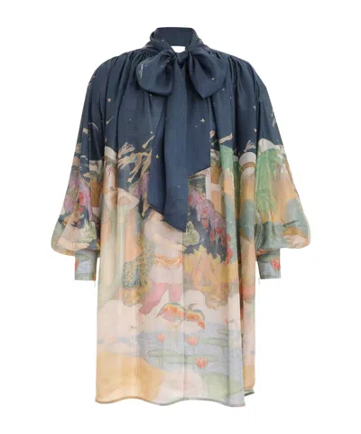 Zimmermann Pussy-bow Printed Silk-satin Mini Dress In Navy