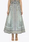 Zimmermann Matchmaker Printed Linen And Silk-blend Midi Skirt In Blue