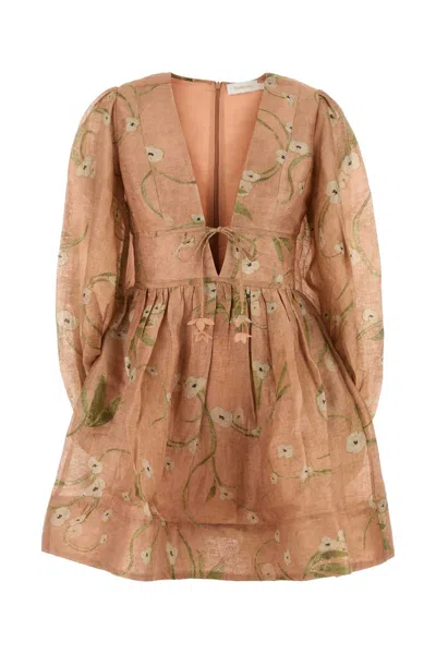 Zimmermann Printed Linen Blend Drawn Illuminate Mini Dress In Brown