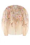 Zimmermann Illuminatebeige Blouse With Puffed Sleeves And All-over Floral Print In Linen And Silk Blend Woman