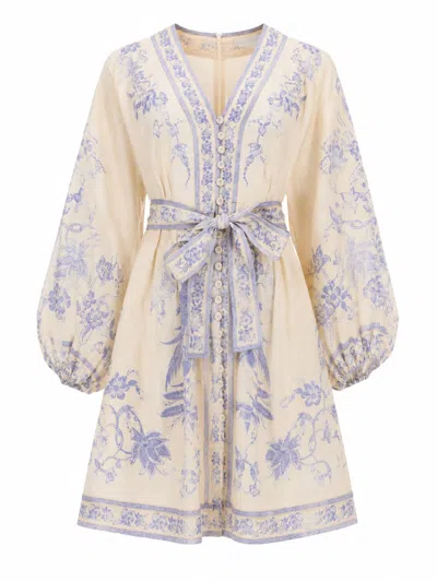 Zimmermann Printed Linen Button-front Mini Dress In Multicolour