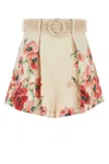 Zimmermann Lightburst Belted Pleated Floral-print Linen Shorts In Beige
