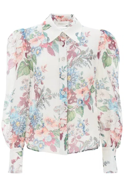 Zimmermann Printed Linen Shirt With Decorative Buttons And Rounded Hem For Women In White