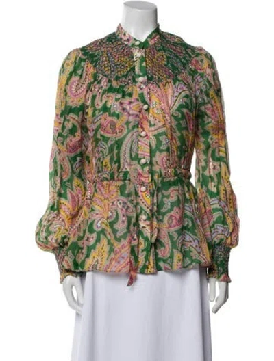 Pre-owned Zimmermann Printed Mock Neck Blouse In Green